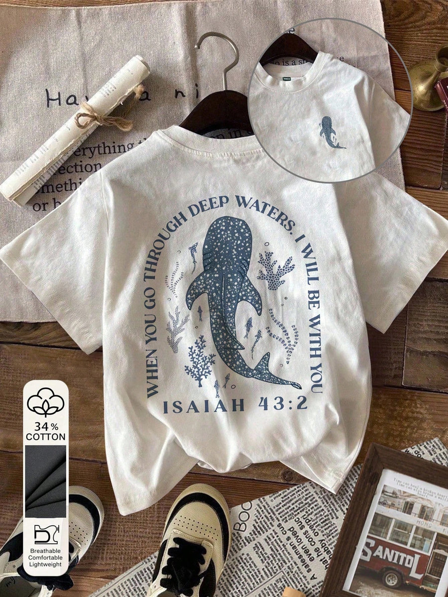 Attitoon Casual Crew Neck Short Sleeve Fitted Women T-Shirt, Suitable For Summer, Beach, Shark Print,Back To School,Vintage,90s,Suitable For Y2k