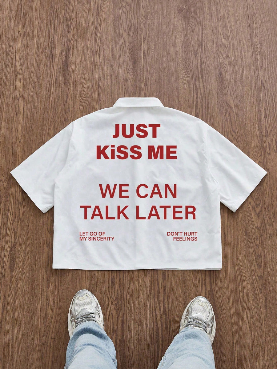 Manfinity Roghcode Casual Cropped Loose Red Slogan Graphic Print White Pattern Shirt